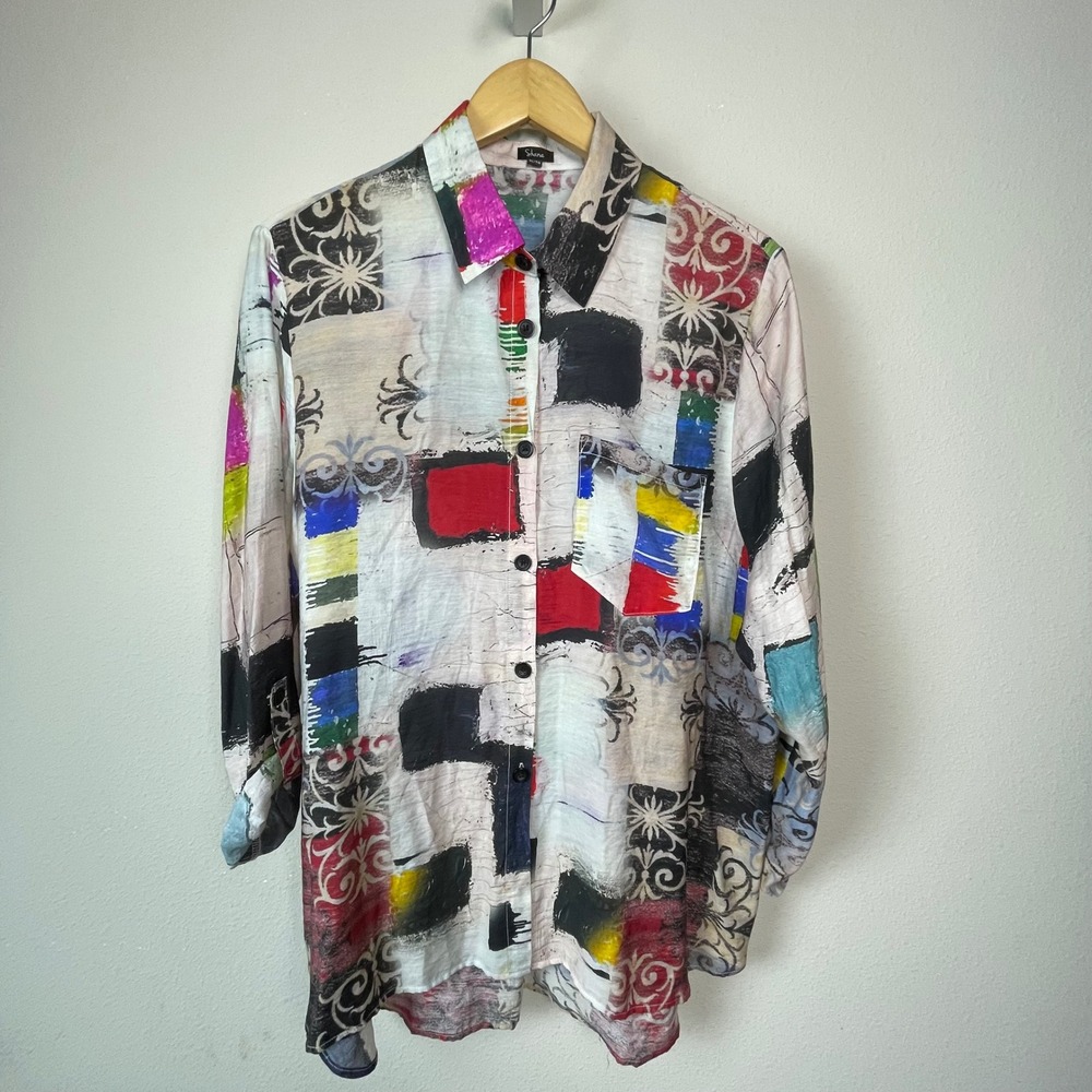 Shana XL Abstract Geometric Lagenlook Artsy Long Sleeve Button Up Shirt Women